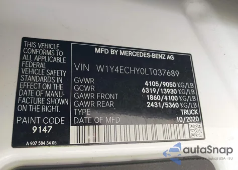 2020 Mercedes-Benz Sprinter High Roof V6 из США, поврежденный, VIN W1Y4ECHY0LT037689